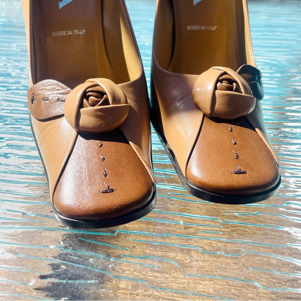 SOLD Prada Beige Brown Colorblock Leather Rosebud Embellished Square Toe Pumps - Picture 6 of 15